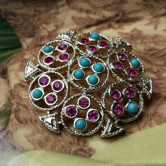 Sarah Coventry silvertone brooch turquoise colored pink rhinestones Vintage EUC - Picture 2 of 11